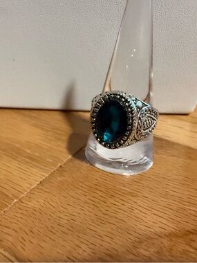 Designer Inspired Silver Tone Large Cocktail Ring - Blue Oval Stone